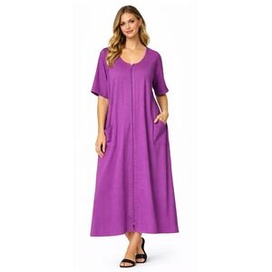 Dreams & Co Zip Front Lounger Robe Women 3X Purple Short Sleeve Pockets Sleep